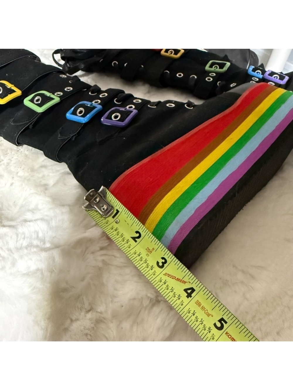 Black Platform Rainbow-Striped Knee-High Boots with Colorful Buckles - Picture 3 of 4